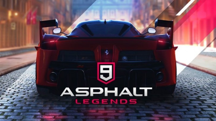 A red sports car from the game Asphalt 9 with the logo in the foreground
